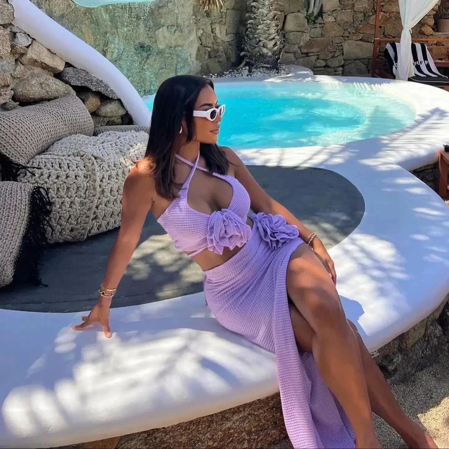 3-teiliges Bikini-Set mit Rock, Strand-Vertuschung, sexy Bademode für Damen, 3D-Blumen-Badeanzug, Neckholder, Strandmode, 2024, Bikinis, Biquini, weiblich