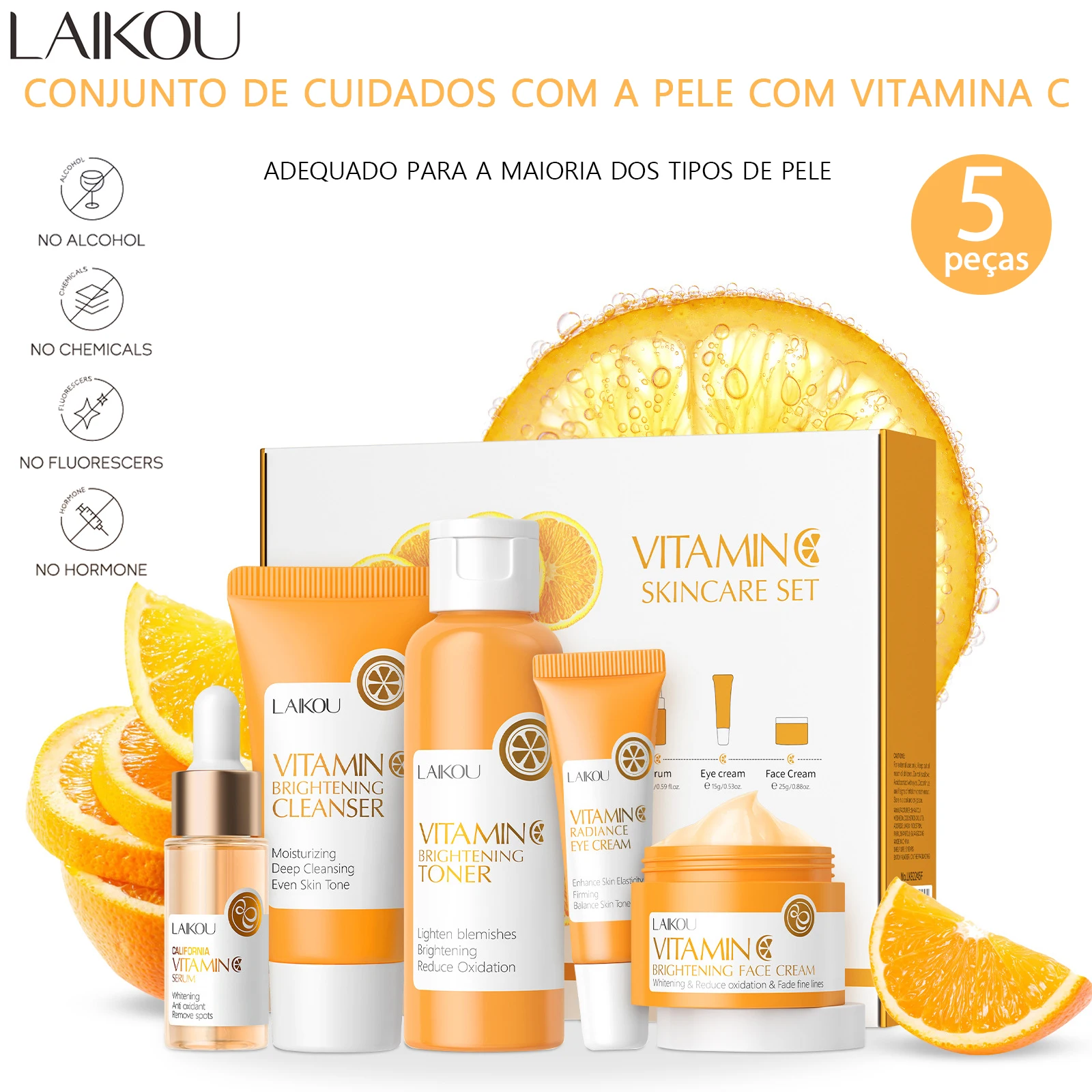LAIKOU Novo Conjunto de Cuidados com a Pele com Vitamina C 5 Peças: Limpador Facial Profundo, Creme Hidratante, Tônico, Sérum para Olhos e Caixa de Pr