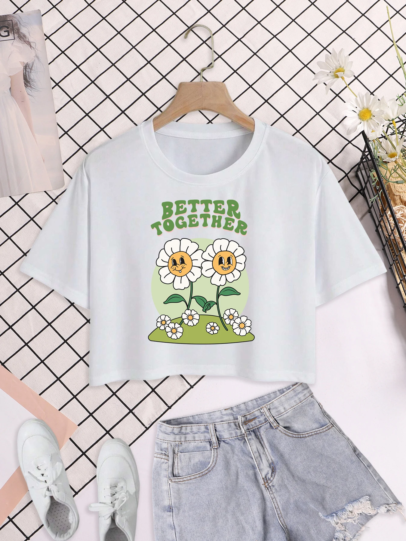 

Better Together Funny Happy Flowers Print Women Short Sleeve Cotton O-Neck T-Shirt Casual Summer T Shirt Comfortable Y2K Clothes
