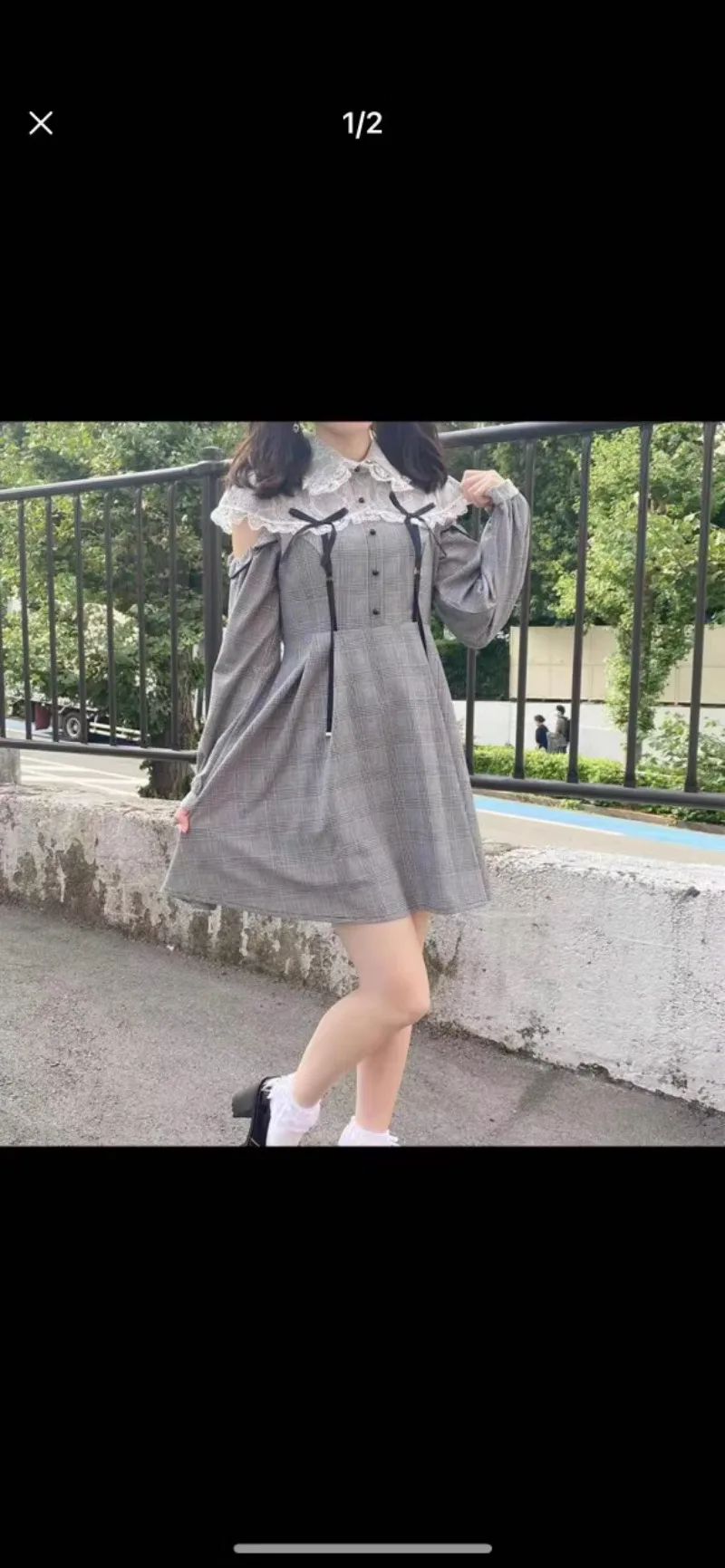 Japanese Mine Style Mass-Produced Slim Fit Long Sleeve Dress Cute Sweet Off-the-Shoulder Plaid Lace Short Dress for Women