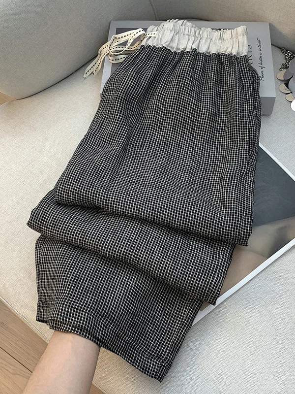 하이웨이스트 와이드 레그 팬츠 여성 여름 경량 코튼 린넨 캐주얼 스트레이트 컷 루즈 롱 트라우저 컬러 블록 체크