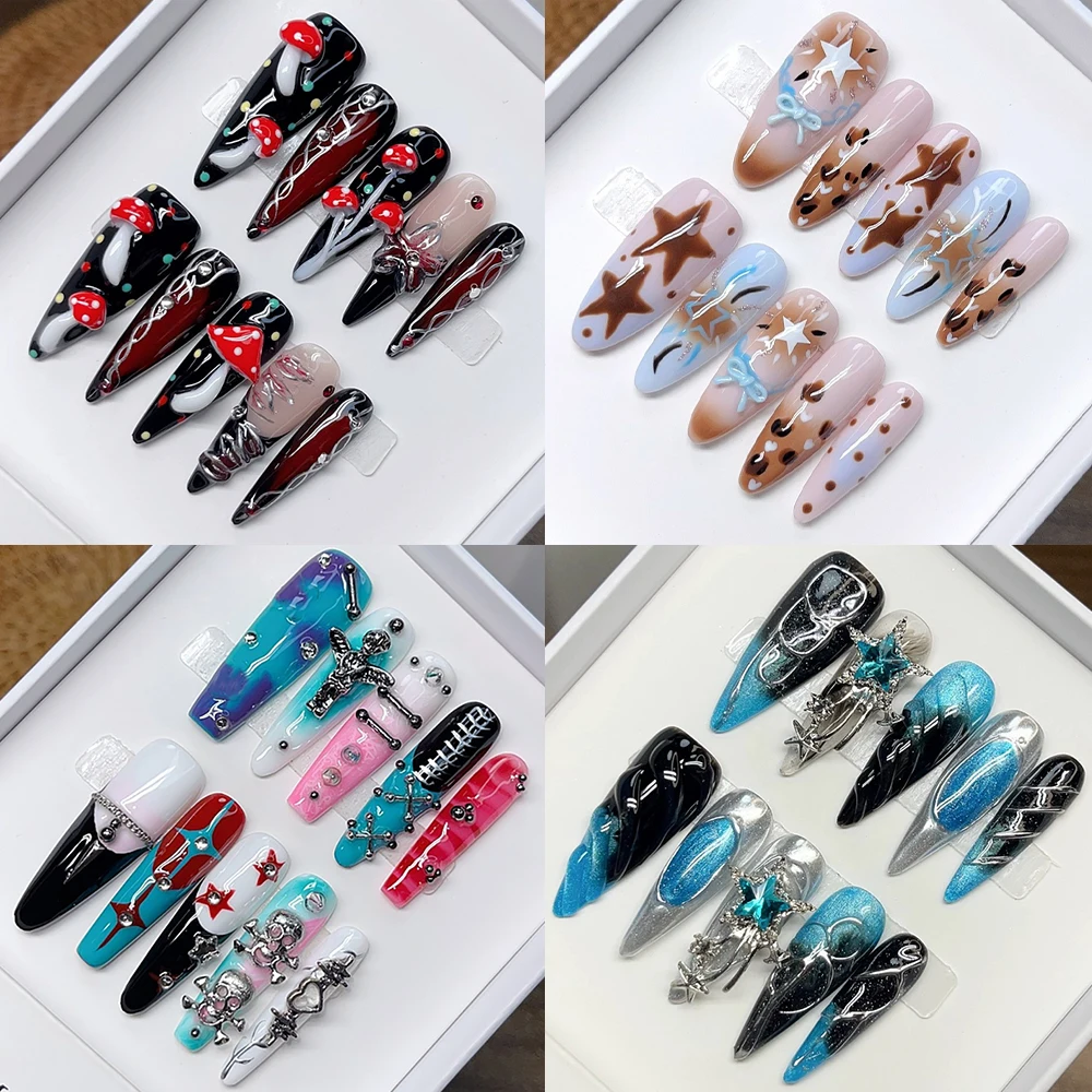 

Europe America Spice Girl Style Handmade Long Almond Press On Nails 3D Flower Metal Skull Angel Stars Mushroom Fake Nails Gift