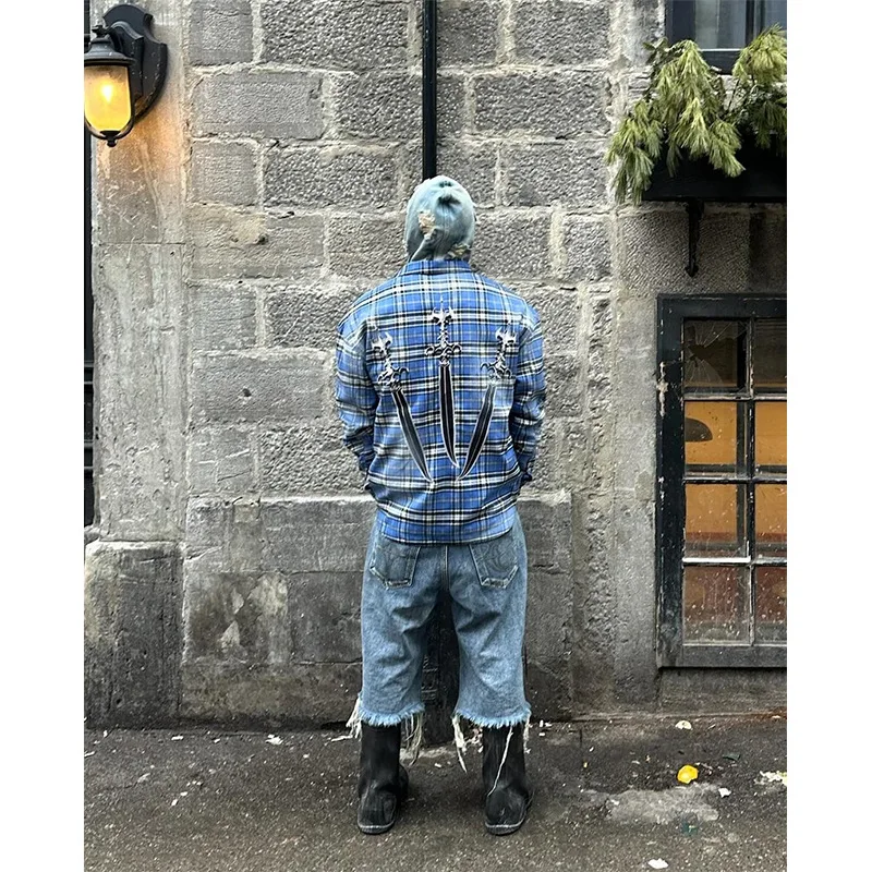 Thug Club 2026 New Holy Sword Embroidered American Vintage Blue Plaid Shirt Washed High-Street Fashion Brand Oversized Jacket
