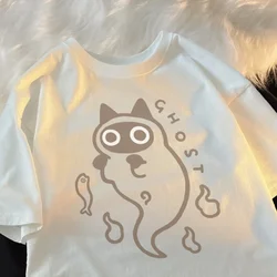 Loose Short Sleeved T-shirt for Women Original Japanese Fashion Brand Couple Pure Cat Transparent Ghost Cat Women Clothing