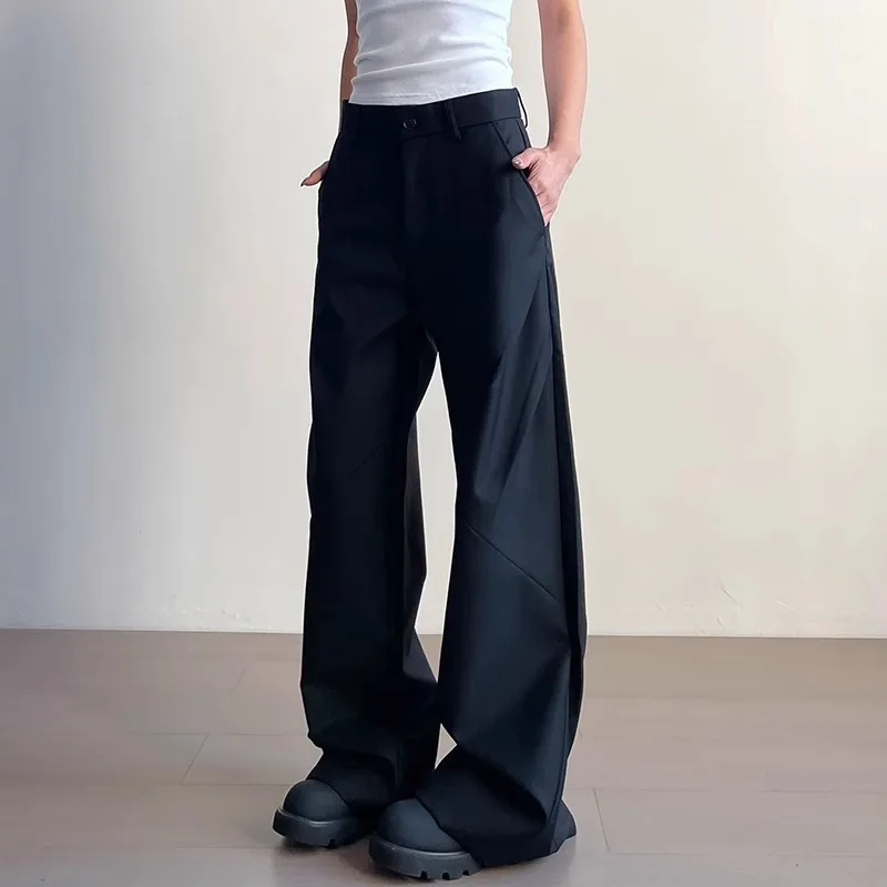 Women Suit Pants 2025 Spring Autumn New Fit Pants High Waist Pleated Straight Wide Leg Pants Floor Women's Chic Trousers
