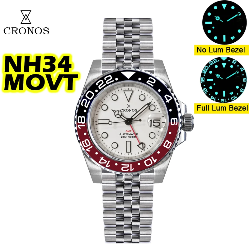 Cronos GMT NH34 Automatic Men Watch White Dial Bidirectional Bezel Sapphire 20 ATM Solid 5 links Metal Bracelet BGW-9 Lum