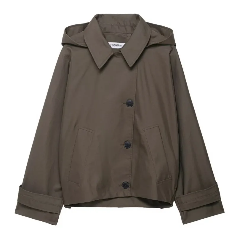 

Womens Solid-Color Single-Row Button Hooded Short Coat British-Style Loose Jacket Stylish Lightweight Outerwear Daily Casual Top