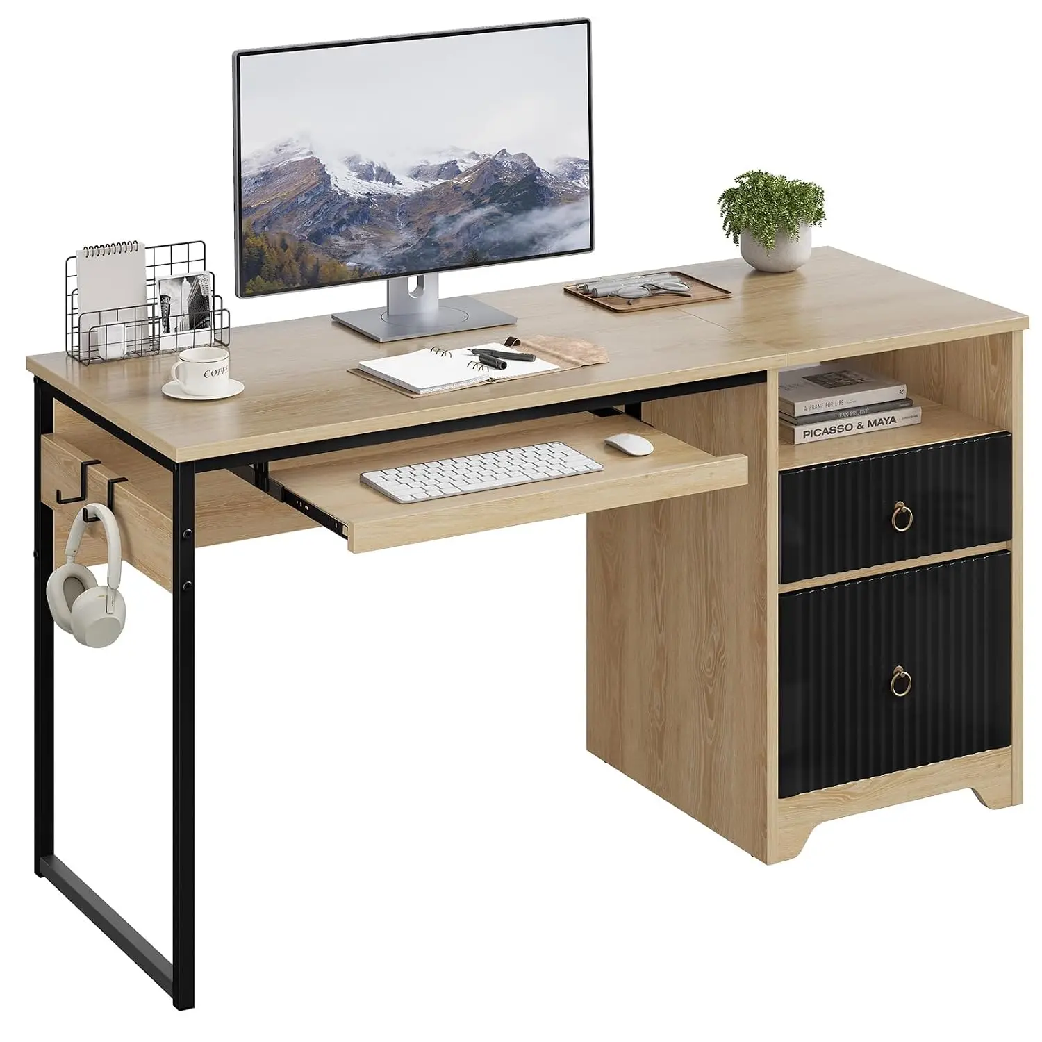 55 Inch Office Desk with Fluted Panel & Keyboard Tray, Oak Surface File Drawer Reversible Pedestal Home Storage, Customized