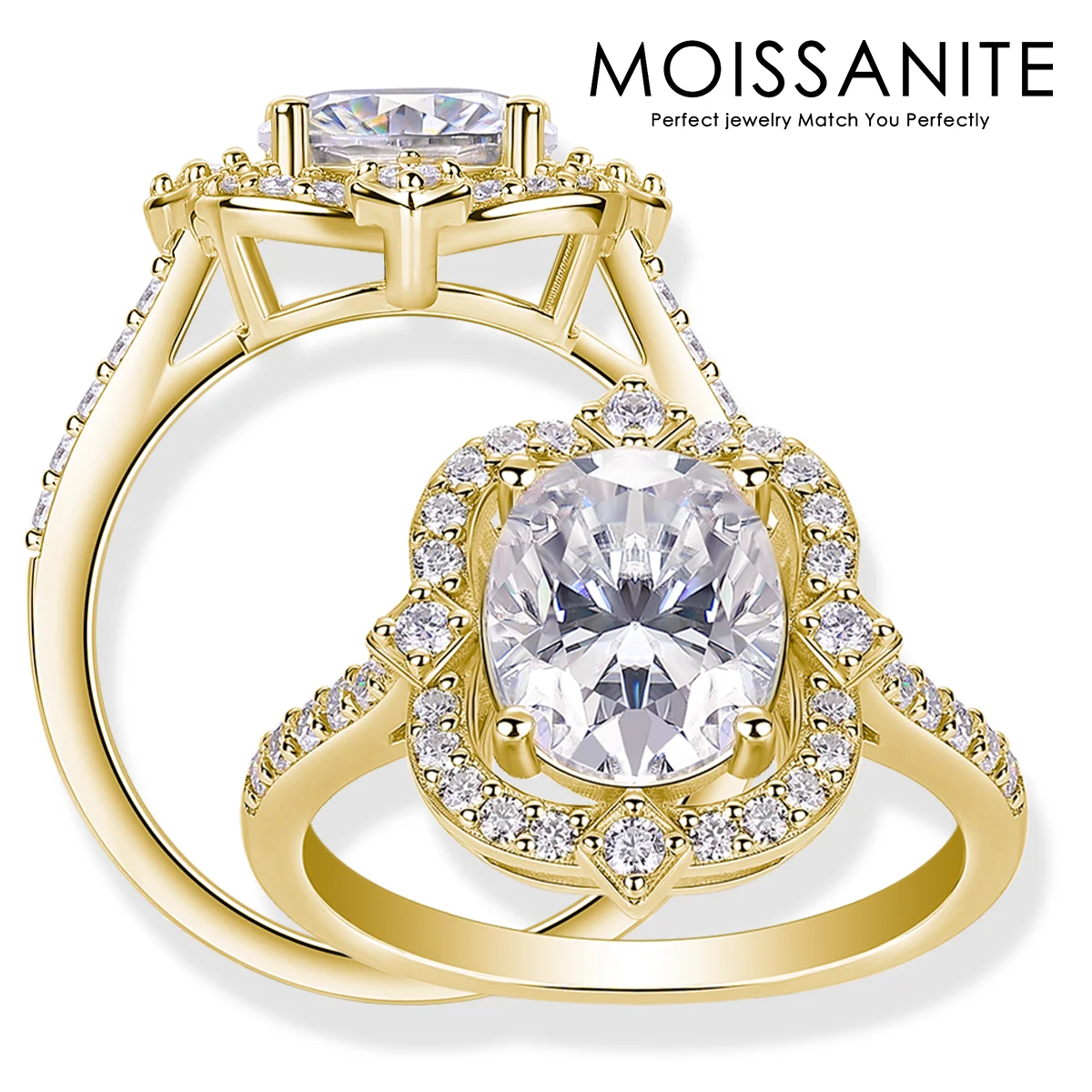 

3.43ctw Oval Cut Moissanite Ring - D Color VVS1 Clarity Halo Design Engagement Ring for Women - 18K Gold Plated Promise Ring