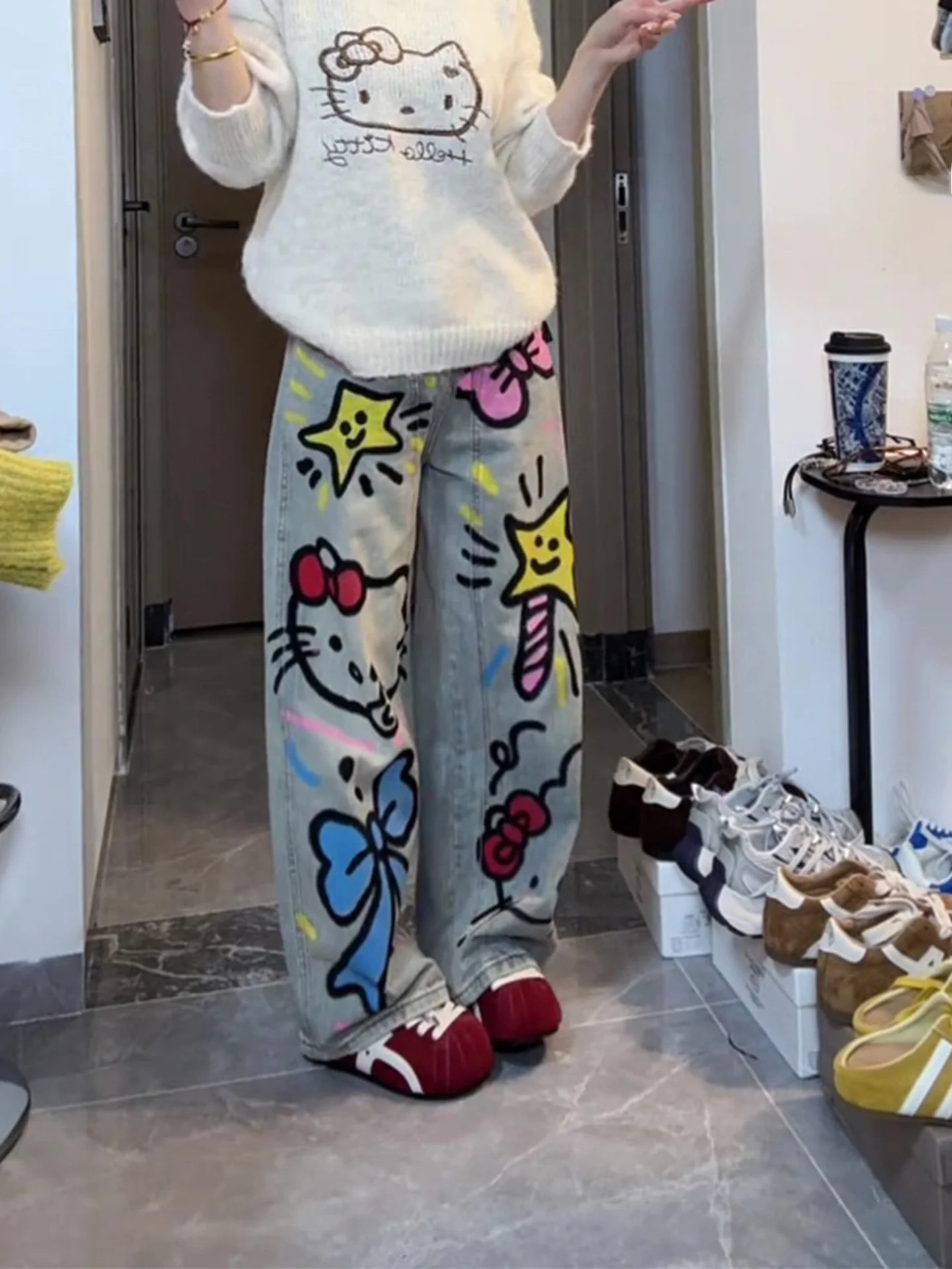 플러스 사이즈 만화 패턴 디자인 청바지 여성용 루즈 스트레이트 레그 팬츠 가을 겨울 신상 캐주얼 하이웨이스트 와이드 레그 청바지