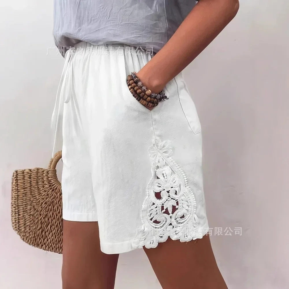 Women White Linen Shorts Lace Embroidery Hollow Jacquard Patchwork Summer Casual Soft Breathable Flattering Comfy Versatile New