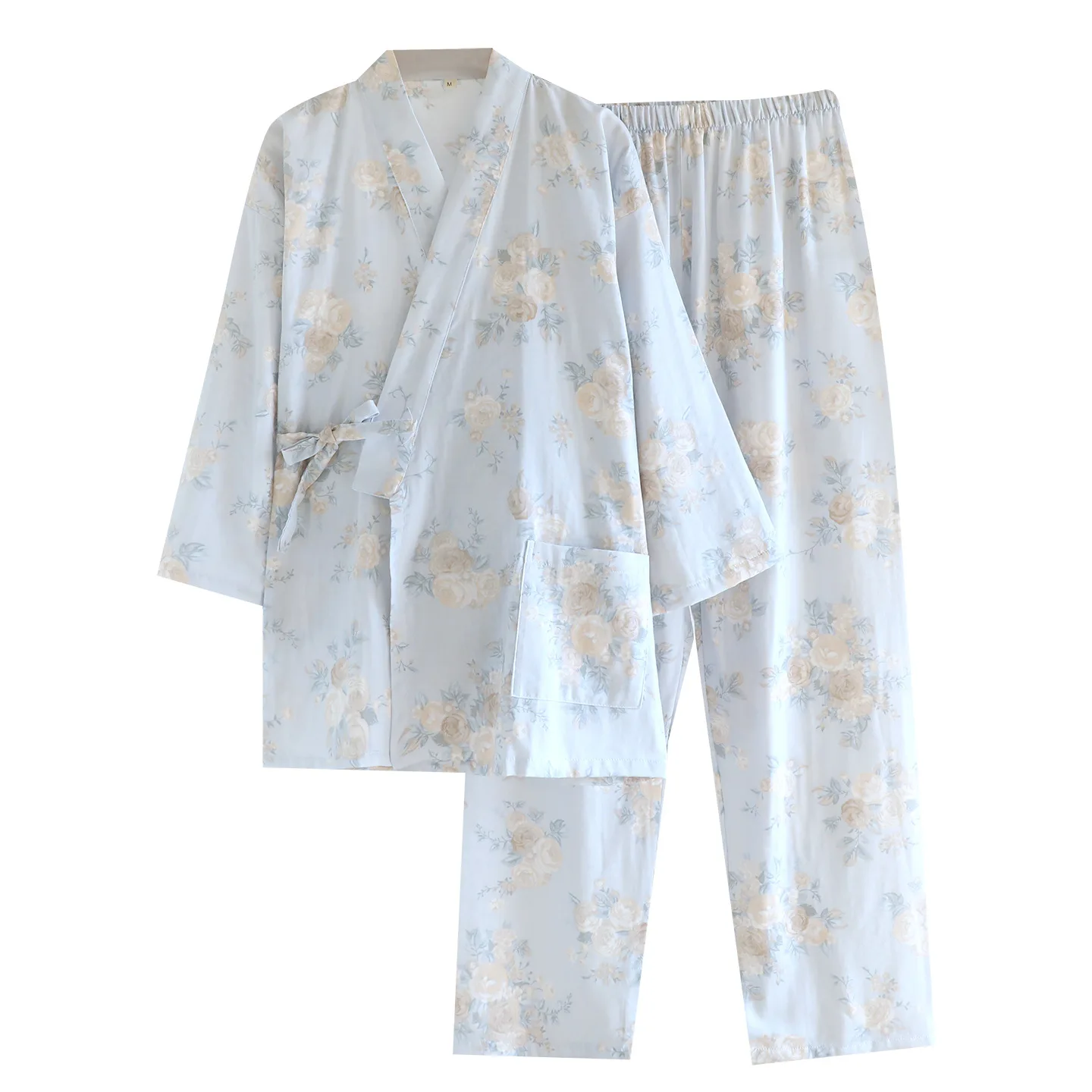

Японский комплект кимоно с цветочным принтом, хлопковая пижама из двух частей, свободная женская домашняя одежда в стиле юката