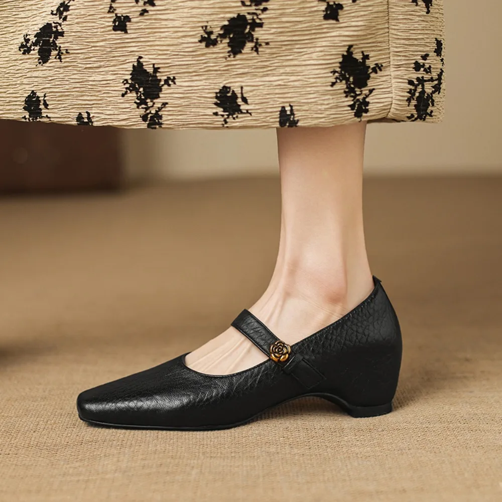 2026 New Retro Pointed Toe Special-shaped Heel Small Leather Shoes Women's New One-line Buckle Strap Wedge Shallow Shoes