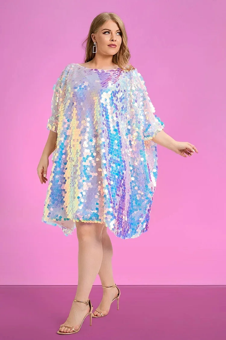 Design Plus Size Party Reflective Sequin Batwing Sleeves One Shoulder Mini Short Dress