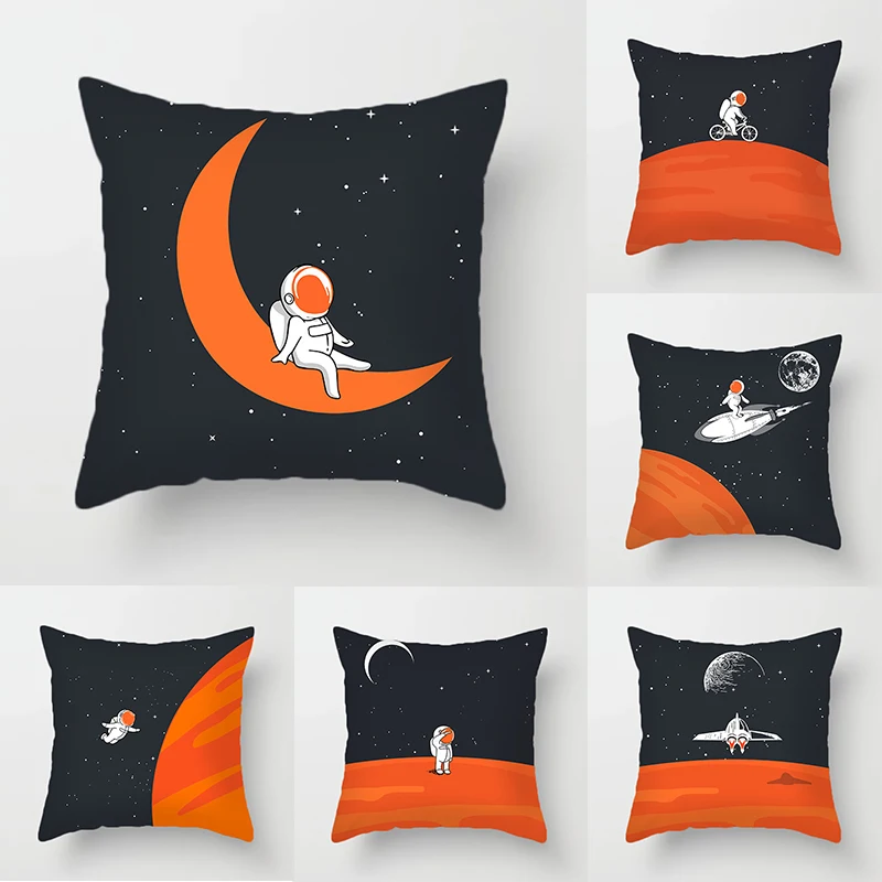 Cartoon astronaut polyester pillowcase black orange   moon bicycle cushion cover decorative decoration