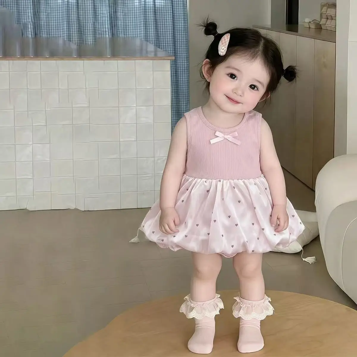 Summer 3M-2Y Sweet Baby Bodysuit Lace Bow Polka Dot Girls Puffy Skirt Pink Sleeveless Thin Soft Toddler Romper Dress