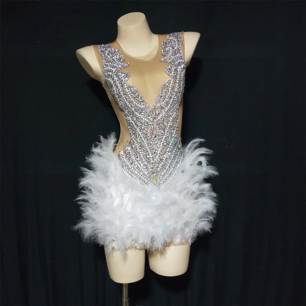 Shiny Rhinestone Perspective Tight Sexy Feather Skirt Performance Dress For Nightclub Party Host White Dresses With Rhinestones