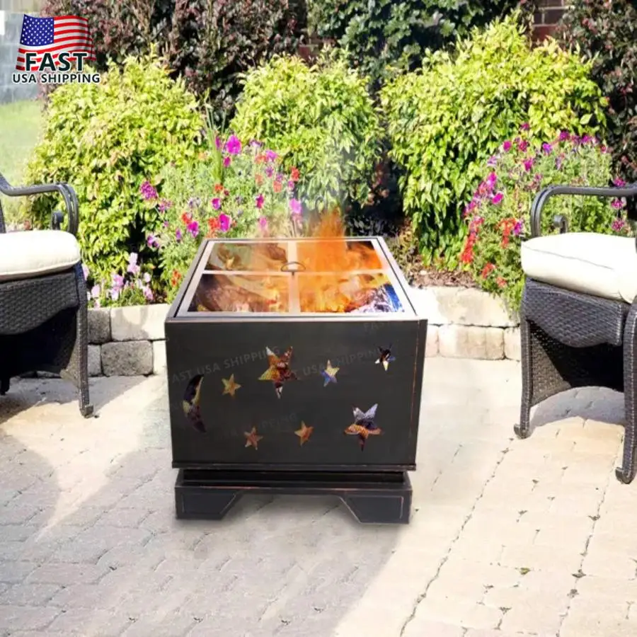 

26 Inch Square Wood Burning Fire Pit with BBQ Grill Poker Tool Large Burning Space for Patio Garden Camping Backyard Picnic