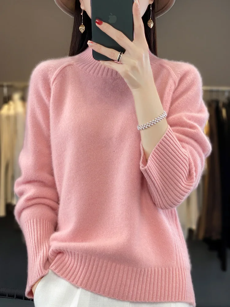 New Women's Thick Sweater Autumn Winter 100% Merino Wool Pullover Mock Neck Casual Soft Solid Knitwear Female Clothes Tops