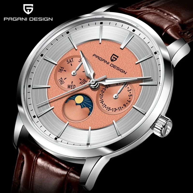 Pagani Design PD1795 Men's Quartz Watch Orange Dial Moon Phase Calendar Week Display Brown Leather Strap Waterproof Business Dre