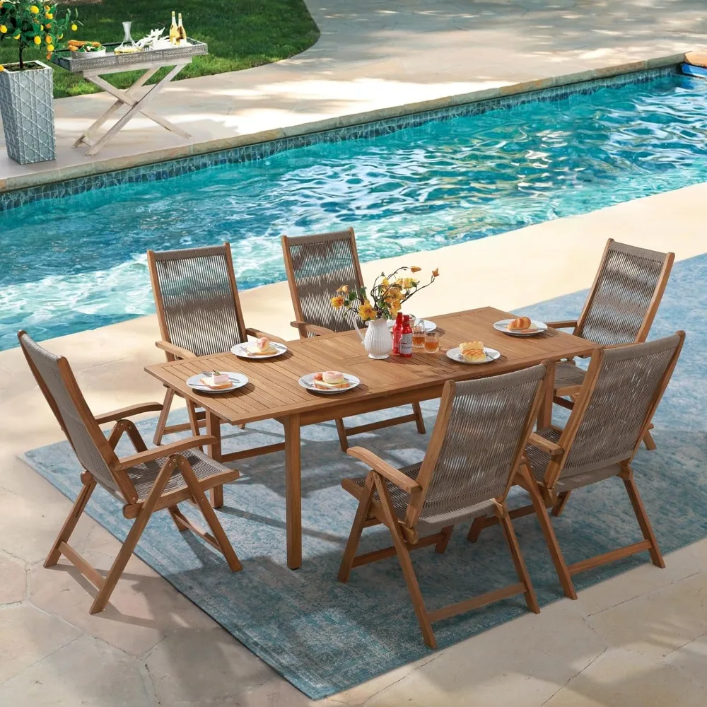 

OC Orange-Casual 7 Pieces Patio Dining Set Outdoor Furniture with 6 Foldable Acacia Wooden and Rope Chairs and Large Table for O