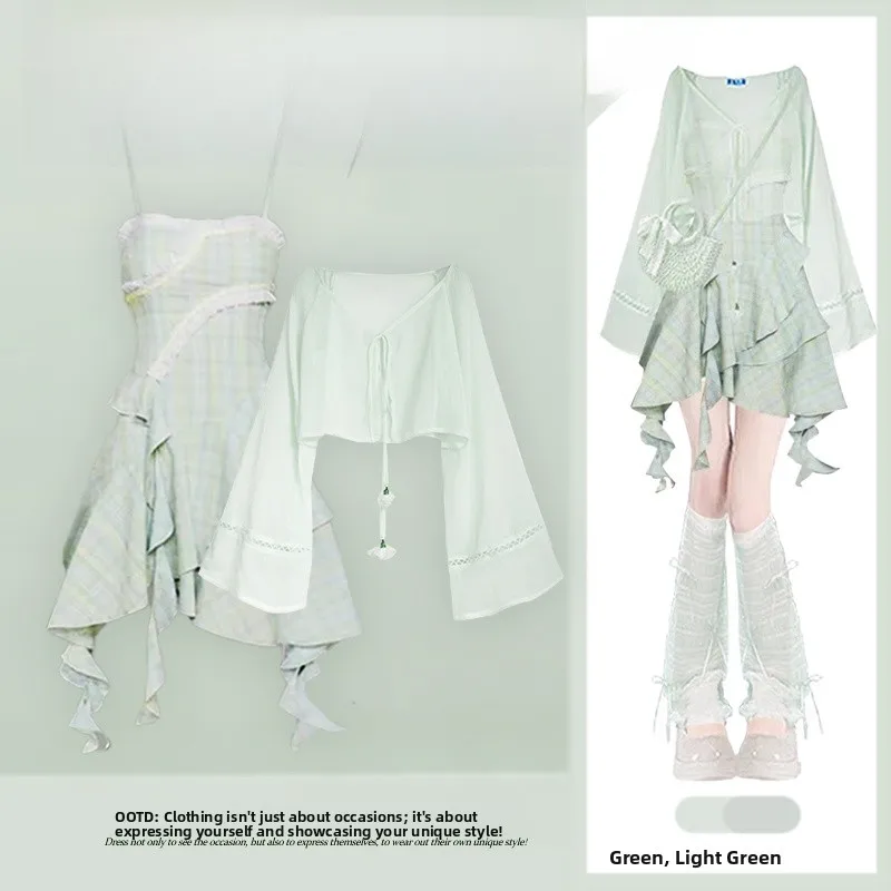 

Summer Vacation Style Women's Short Top And Skirt Set with Lace Irregular Strap Sunscreen Fashionable Two-Piece Outfit