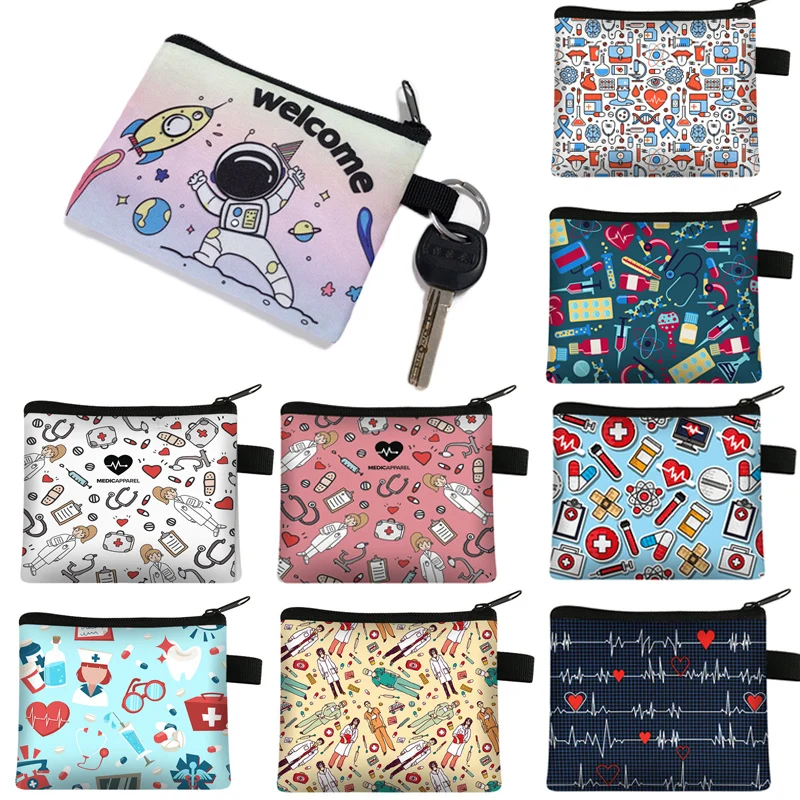 Nurses Floral Printed Unisex Coin Purse Small Earphone Bag Headphone Organizer Mini Sundry Cosmetic Lipstick Change Storage Bag