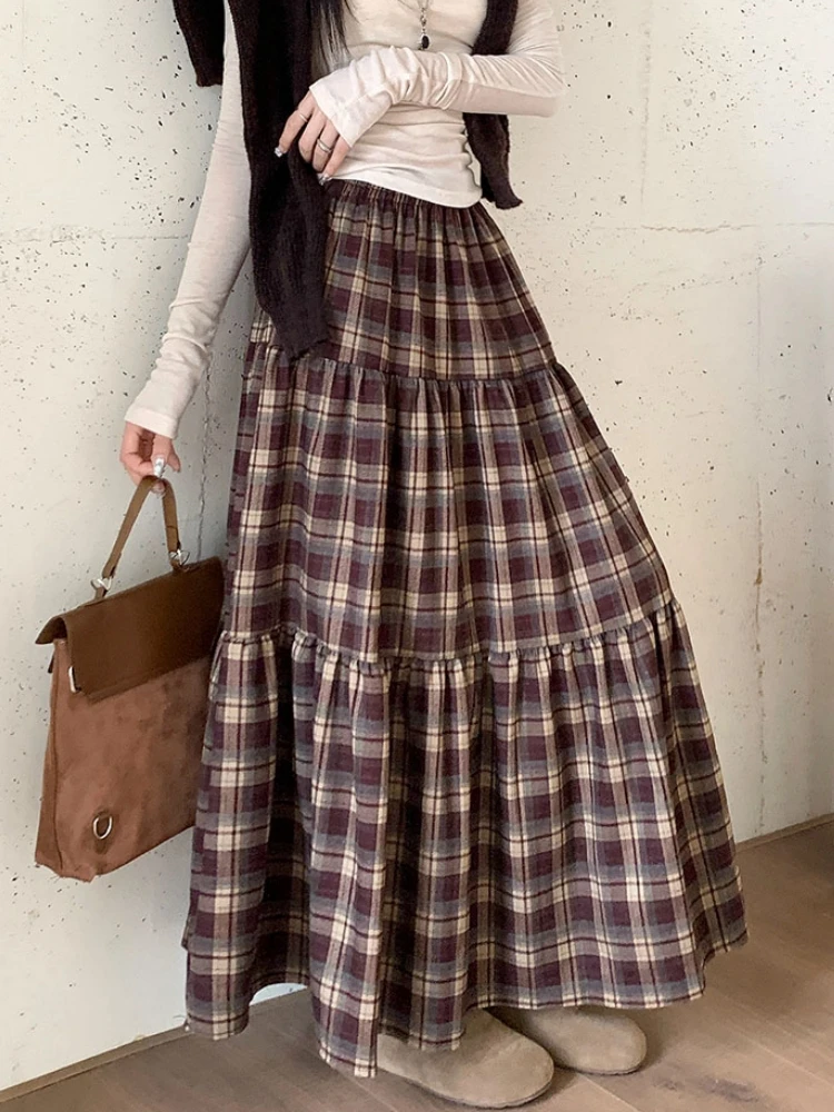 

Qiukichonson Midi Long Plaid Skirt Women 2025 Korean Fashion Autumn Winter Vintage High Waisted Ruffle Pleated Skirts rok