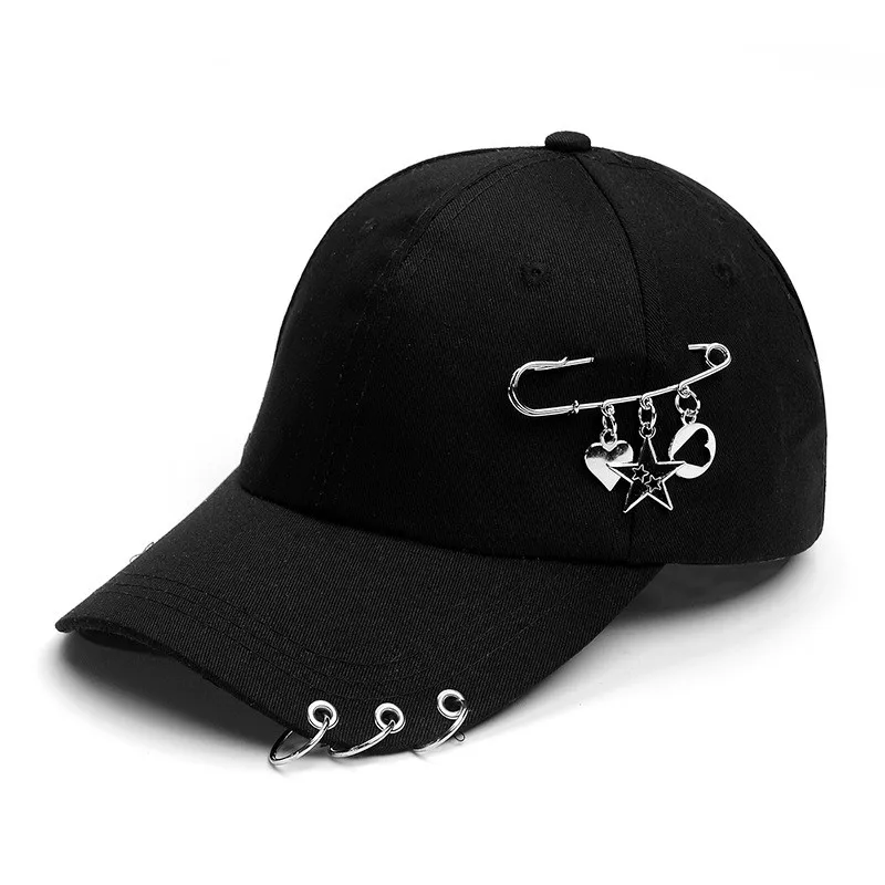 Hip Hop Pin Rings Baseball Cap For Men Women Black Punk Gothic Snapback Visor Hats Unisex Outdoor Sports Dad Trucker Caps