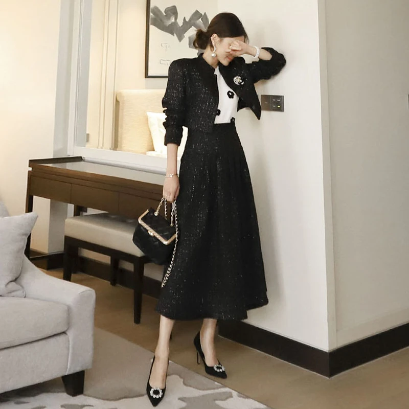 

Fall Winter Short High Waist Slim A-Line Skirt Long Skirt Set Korean Style Woolen Coat Women's Fashion Ensemble