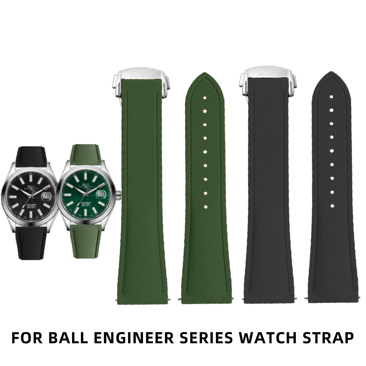 Premium FKM Rubber Watch Strap Green Folding Buckle Wristband Replacement for BALL Engineer Railroad II III M Hydrocarbon Series