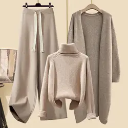 Women's Autumn Winter Loose Sweater Cardigan Turtleneck Sweater Wide Leg Pants 1 or 3 Piece Set Lady Casual Solid Knitwear Suits