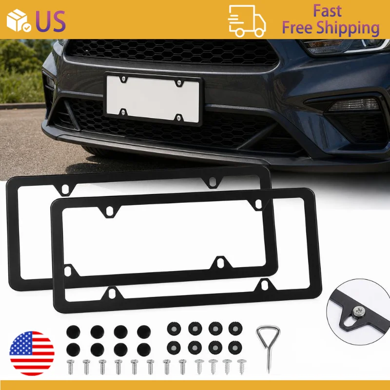 2 Pcs Stainless Steel US-Spec License Plate Frame with Square Holes and Slim Edges with Bolts Washer Caps Includes Accessory Screws and Wrench US Size