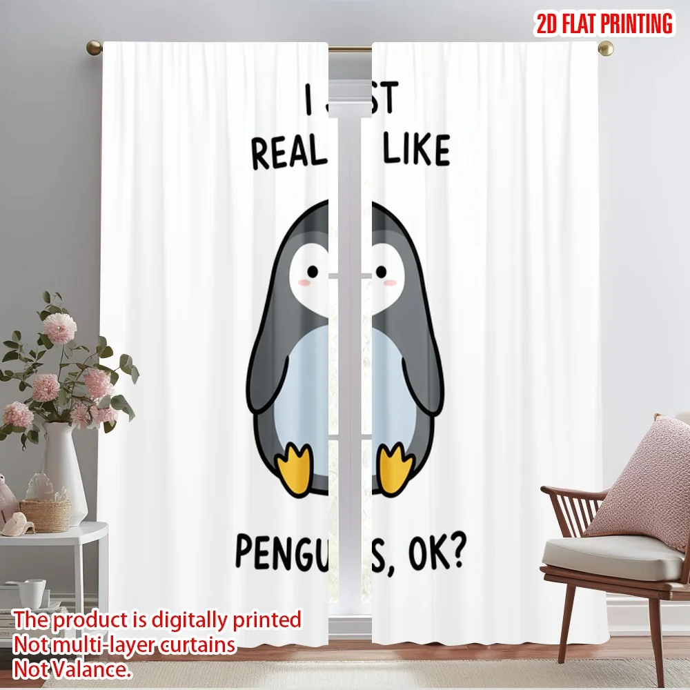 

2pcs 2D flat printing Party Curtains Cute Penguin Love Fan Fabric Without Electricity Holiday Decorations Perfect for Bedroom