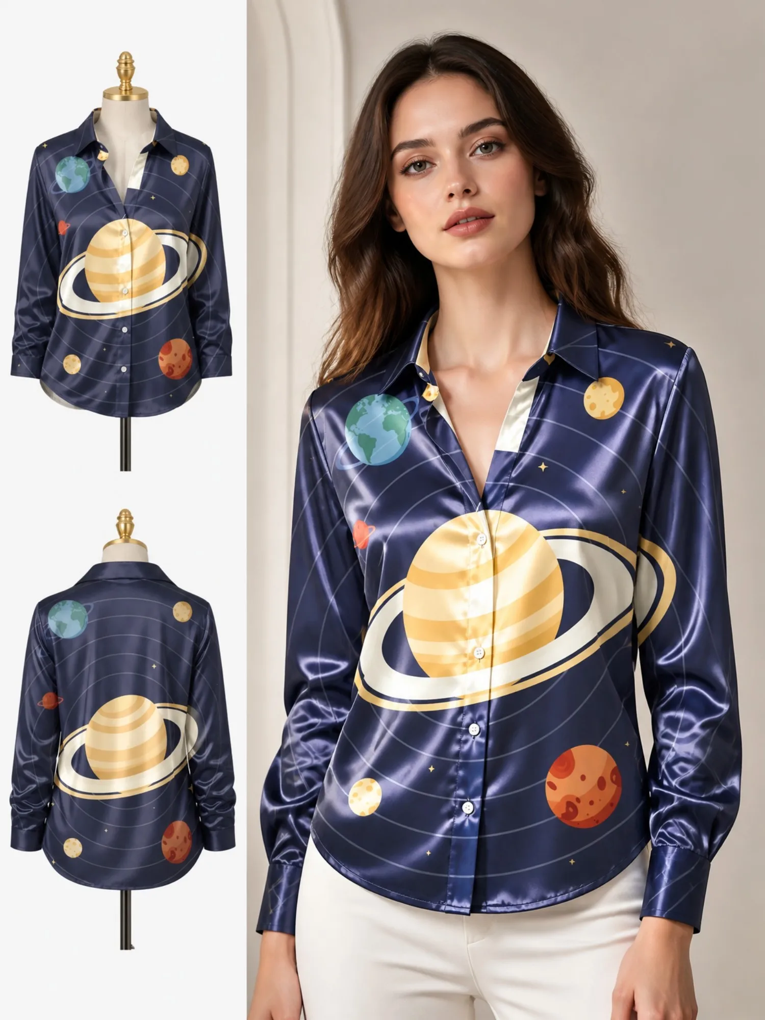 Camisa de Satén con Botones Navy Planet para Mujer, Blusa de Manga Larga con Estampado del Sistema Solar, Estilo Cósmico Informal para Oficina