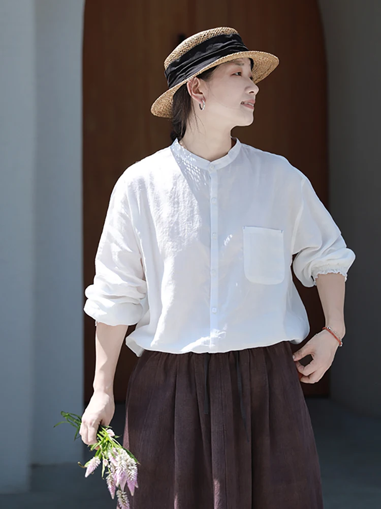 

Белая льняная повседневная рубашка с длинным рукавом и круглым вырезом для женщин, осенняя, модная, универсальная, удобная, свободного кроя, на пуговицах