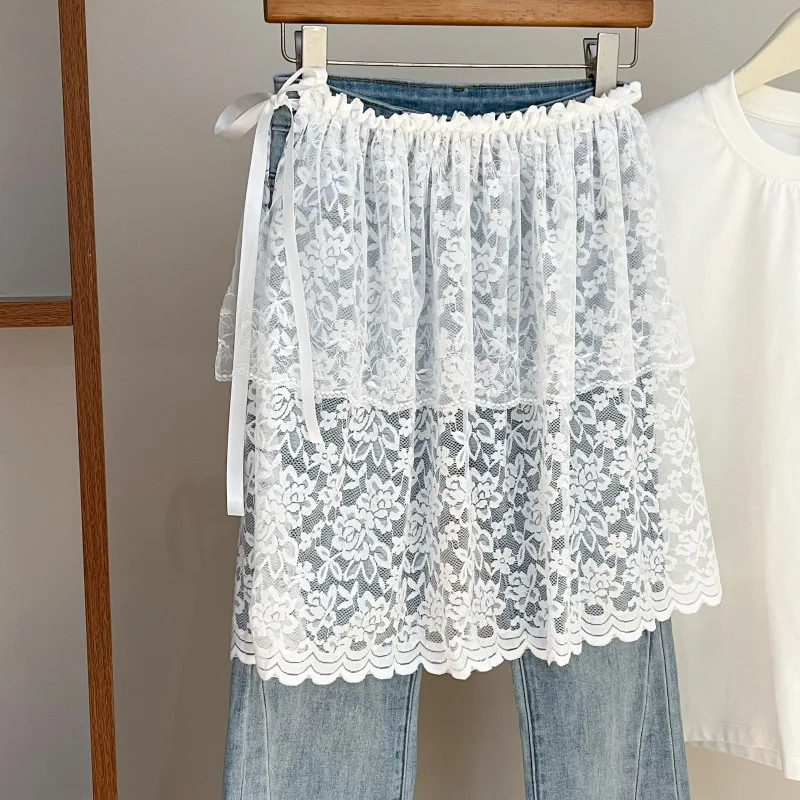 2026 New White Lace Fart Curtain Stacked Skirt Women's New Ballet Style Lace-up Short Skirt High-end Jeans with Skirt