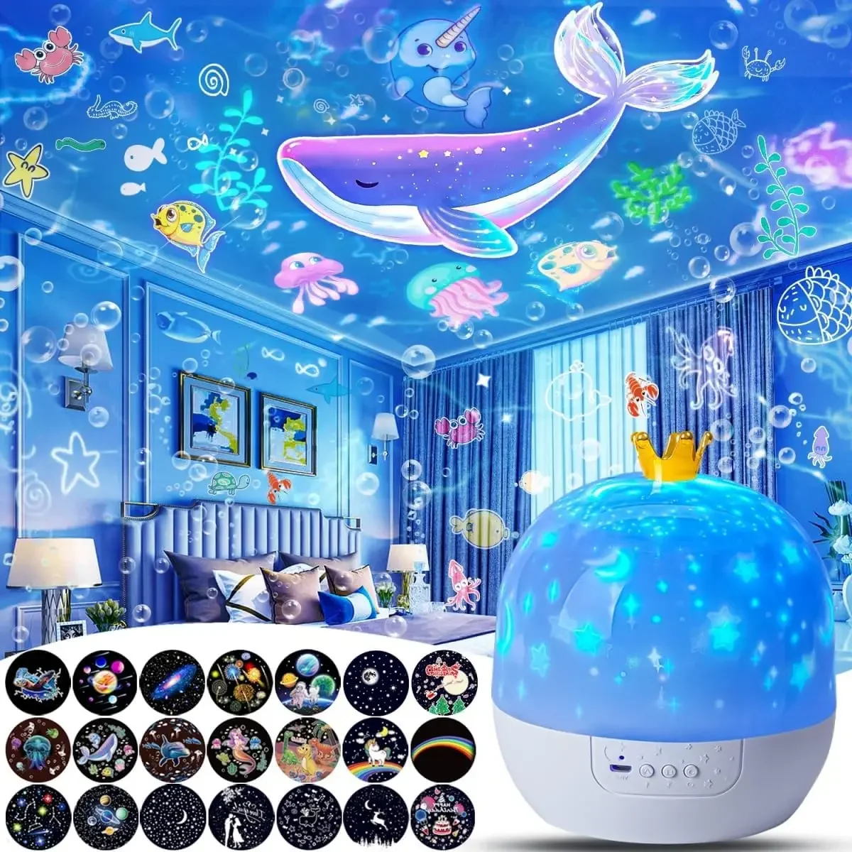 Crown Projection Night Light 21 Sets of Films Atmosphere Light 360° Rotating LED Light Bedroom Room Decoration Birthday Gifts