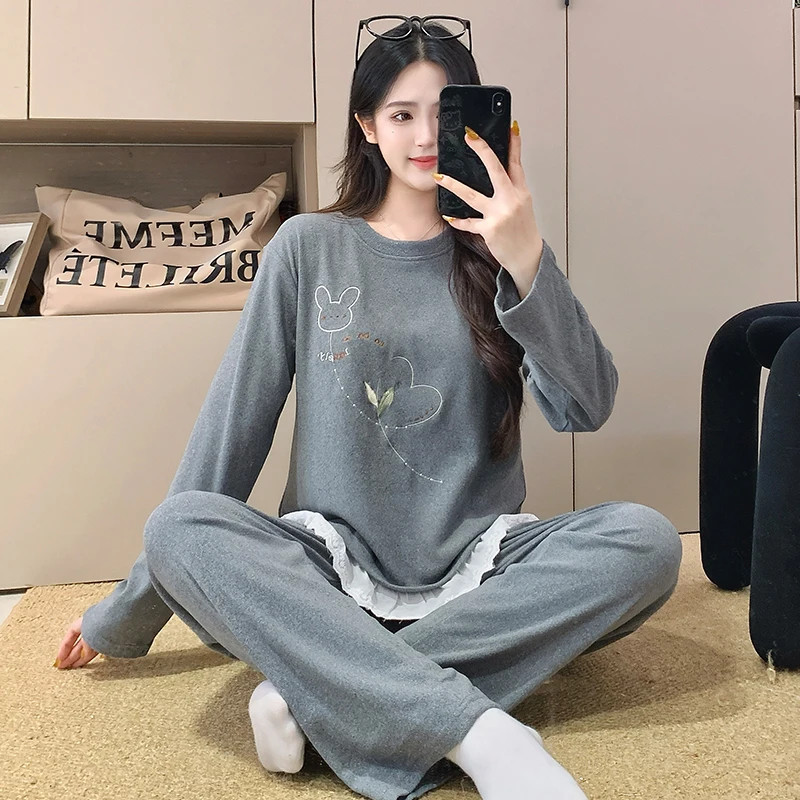 

Pajama Sets Korean Women Thicken Skin-Friendly Twill Printing Dessert Warmth Theme Femme Clothing Adults Furry Feel Design Unise
