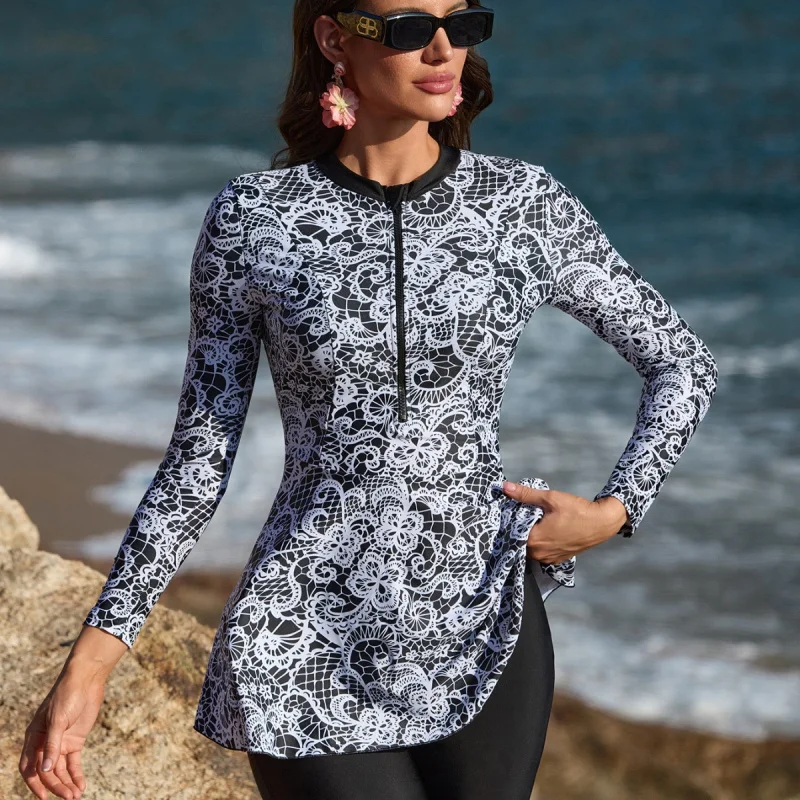 

Boho Front Zip Modest Split Muslim Bathing Suit UPF50+ Women Rash Guard Sports Surfing One-pieces Swimsuit