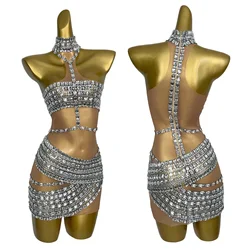 New Sexy Nightclub Party Evening Dresses Women Singer Silver Rhinestones Dress Stage Festival Outfits Prom Mini Dress Fangtang