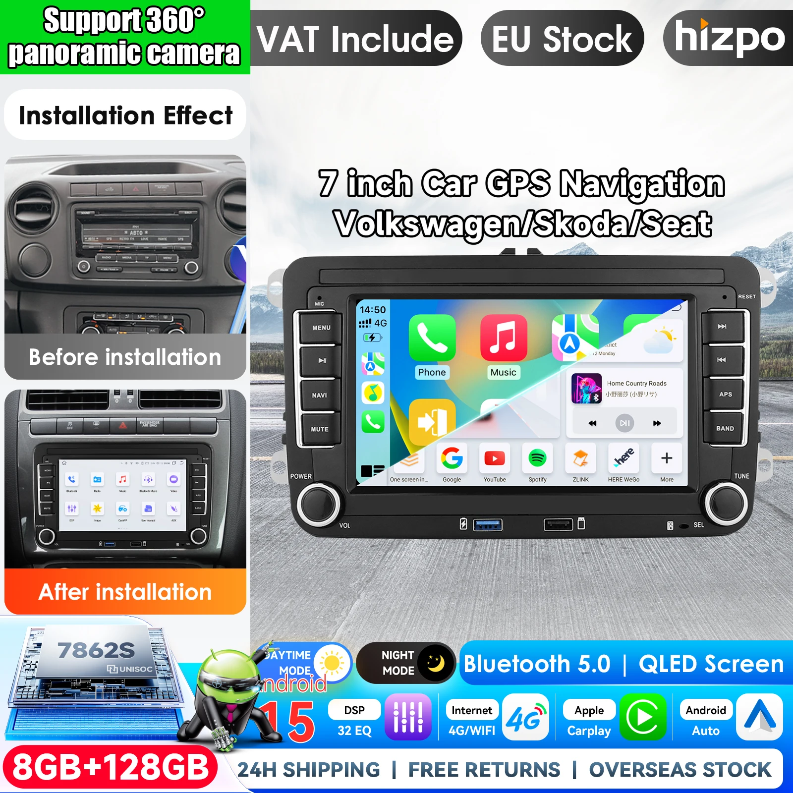 Hizpo 7 Zoll Wireless CarPlay Android Auto Autoradio für VW POLO GOLF 5 6 Plus PASSAT B6 JETTA TIGUAN TOURAN SHARAN SCIROCCO CADDY Multimedia Wireless Apple CarPlay Smart Intelligent Systems IPS