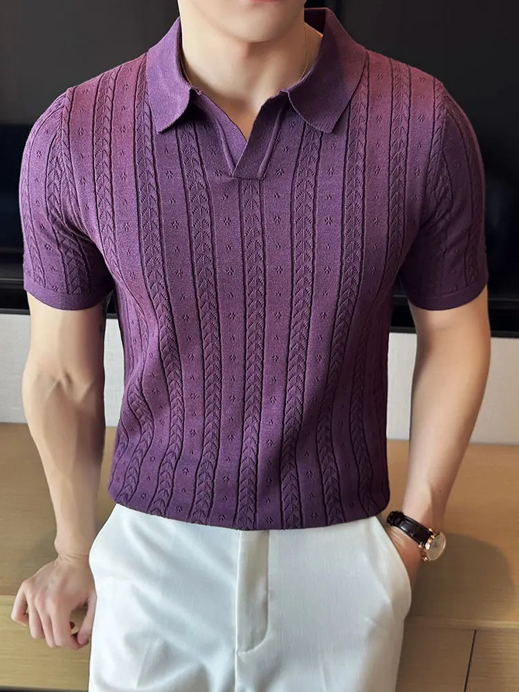 Short Sleeved Men's POLO Shirt Summer Ice Silk Business Men's Top Hollowed Out V-neck Knitted Cardigan T-shirt