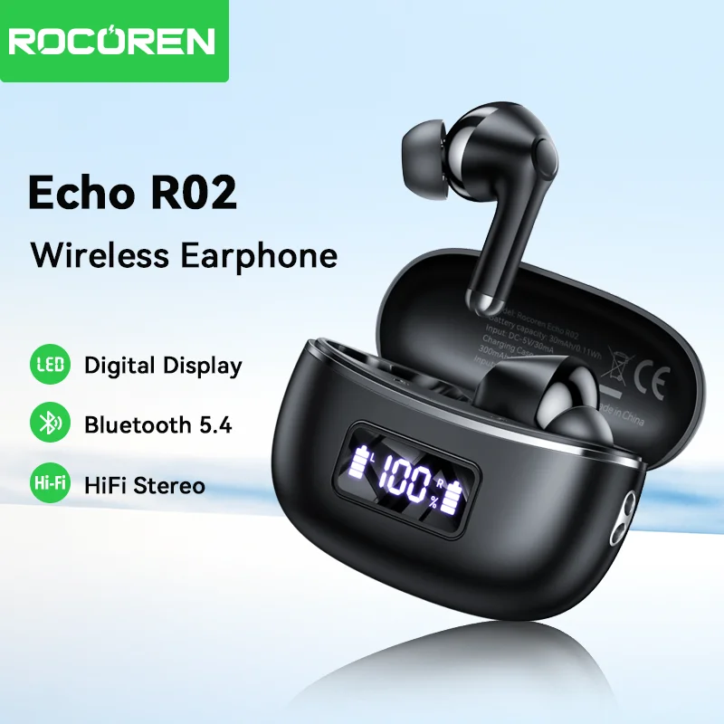 Rocoren Echo R02 In-Ear Digital True Wireless Bluetooth Headset Bluetooth 5.4 Noise Cancelling With Microphone Bass Stereo Sound