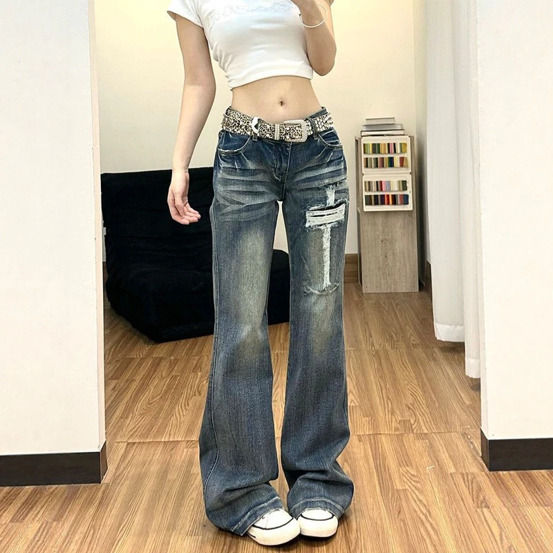 American Retro Ripped Slightly Flared Jeans for Women, 2026 Spring and Autumn New Low Waist Slim Fit Slightly Flared Pants
