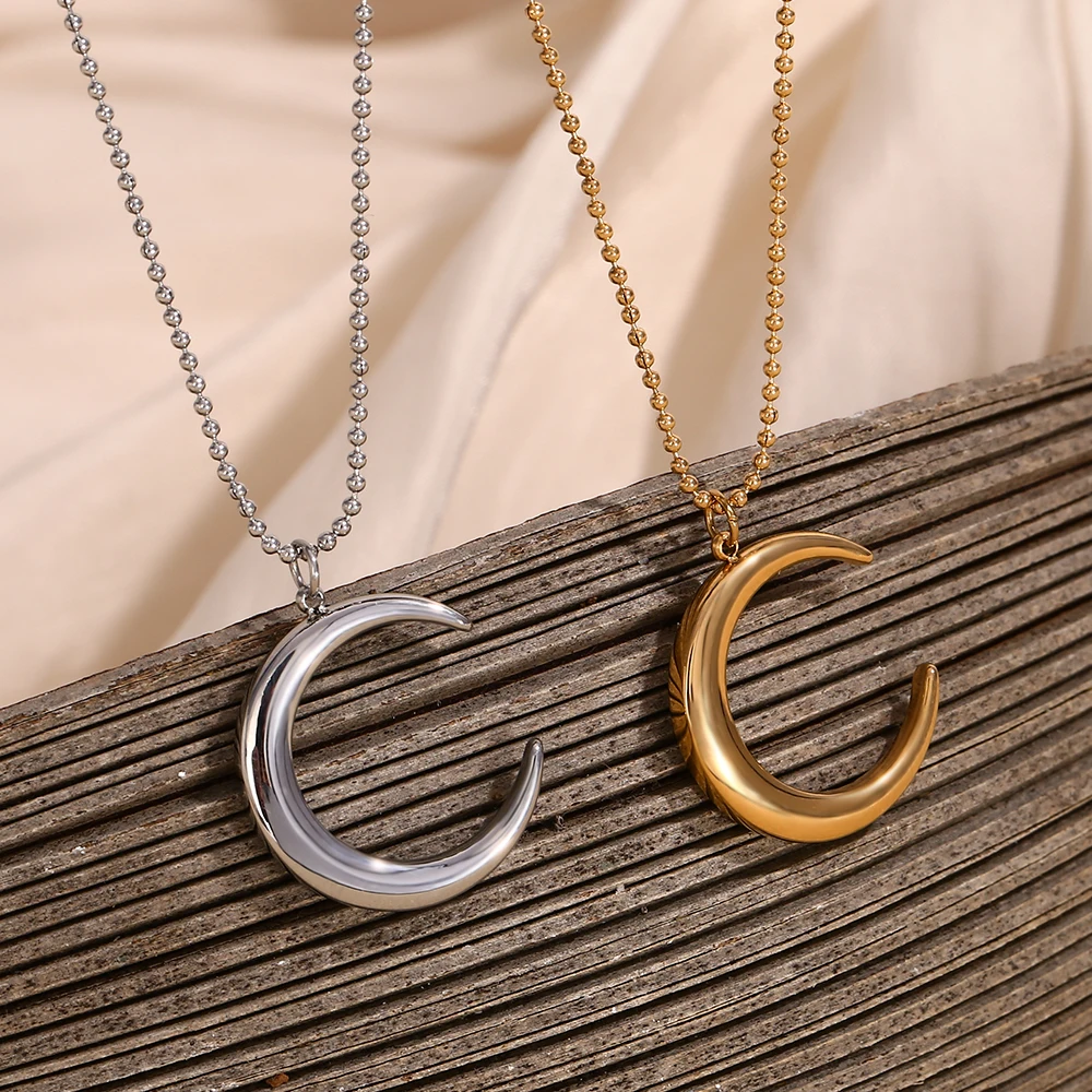 MamacitaSlay Elegant Stainless Steel Moon Pendant Thin Beaded Chain Necklace 2025 Party Waterproof Jewelry Women\'s Elegant Gift