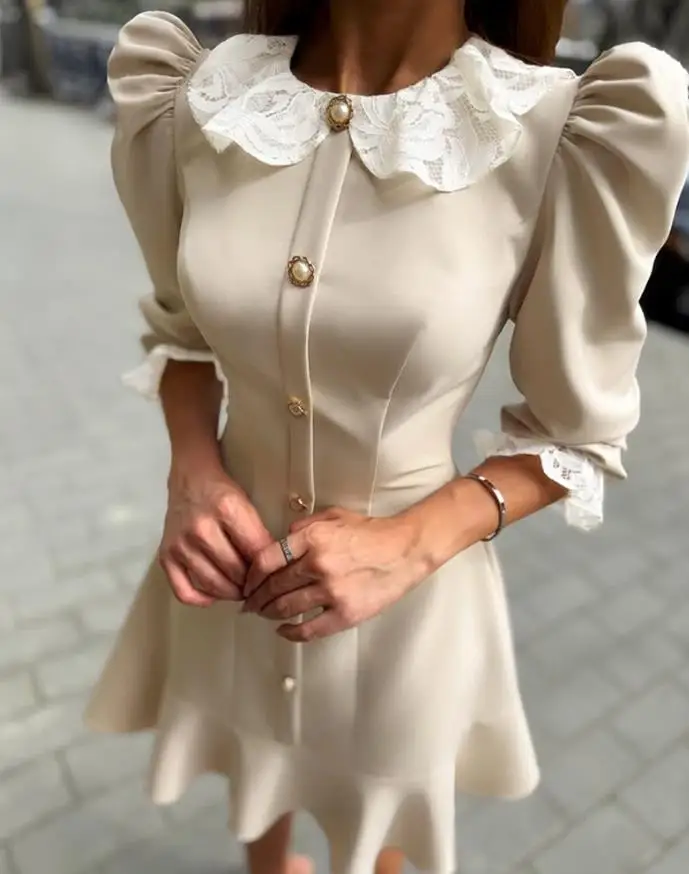 

Autumn Women's Lace Trimmed Waistband A-Line Dress Button Front Fashionable Ruffled Bubble Sleeves Slim Fit Party Dress