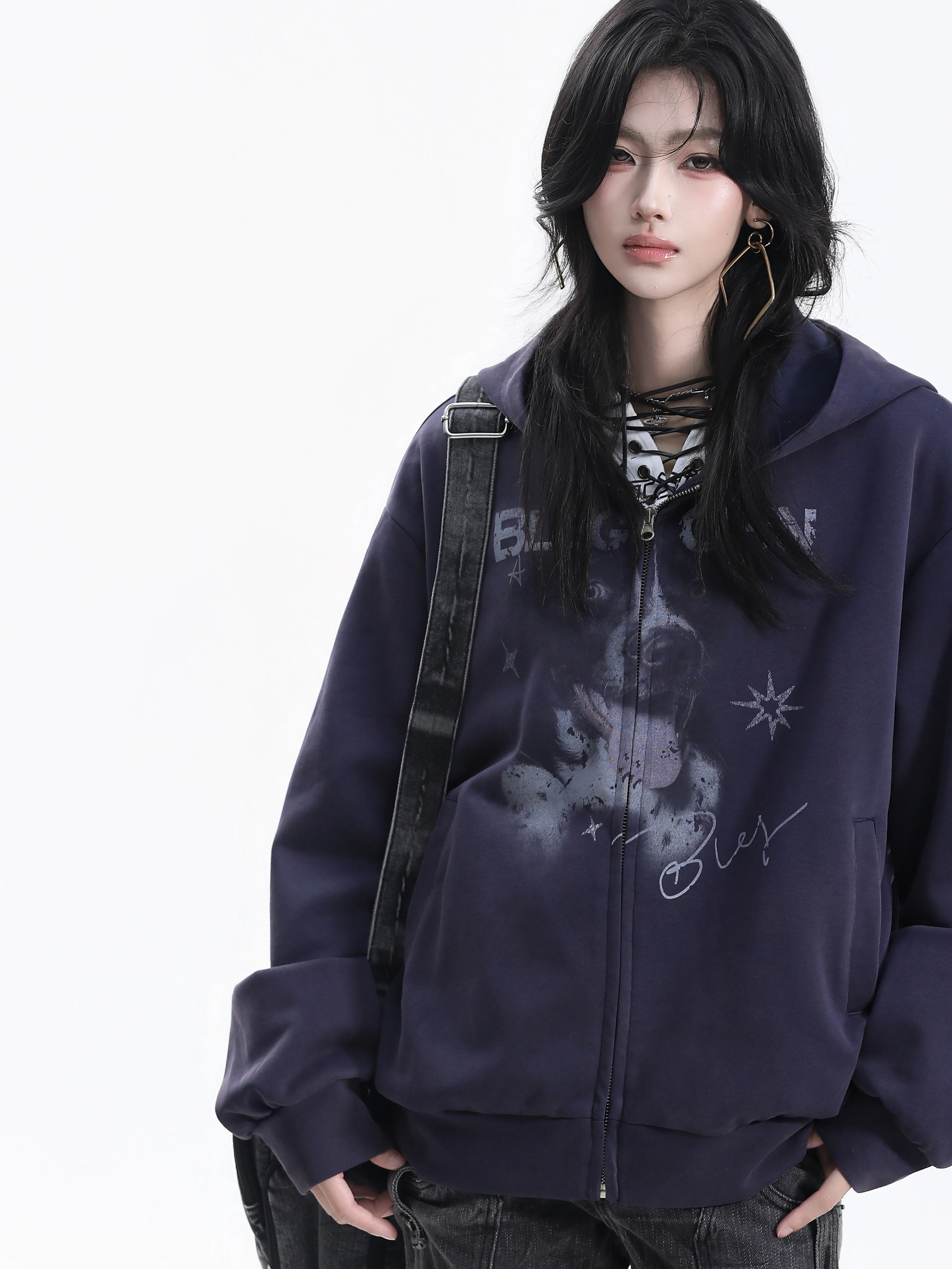 Loose Fit Hoodie Jacket Women's Shoulder Slouchy Style Couple's Shirt Korean Style Small Ball Print Casual Long Sleeve Cotton...