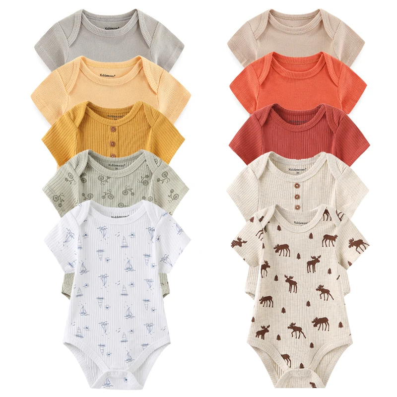 New Born Bodysuits Unisex 5Pieces Baby Girl Clothes Solid Color Cotton Baby Boy Clothes Set Cartoon Print Summer Bebes