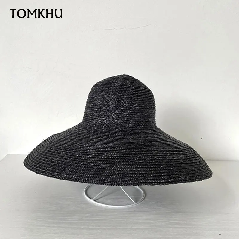 New Beach Hat Ladies Simple Solid Color Summer Wide Brim Large Black Straw Hat UV Protection Foldable Sun Hat Chapeau Femme Cap